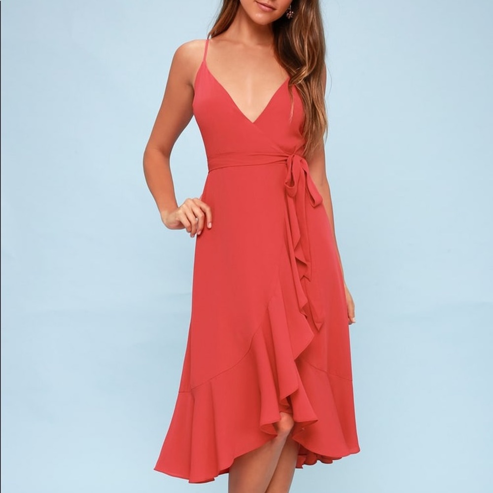Lulu's Coral Red Ruffled Wrap Midi Dress